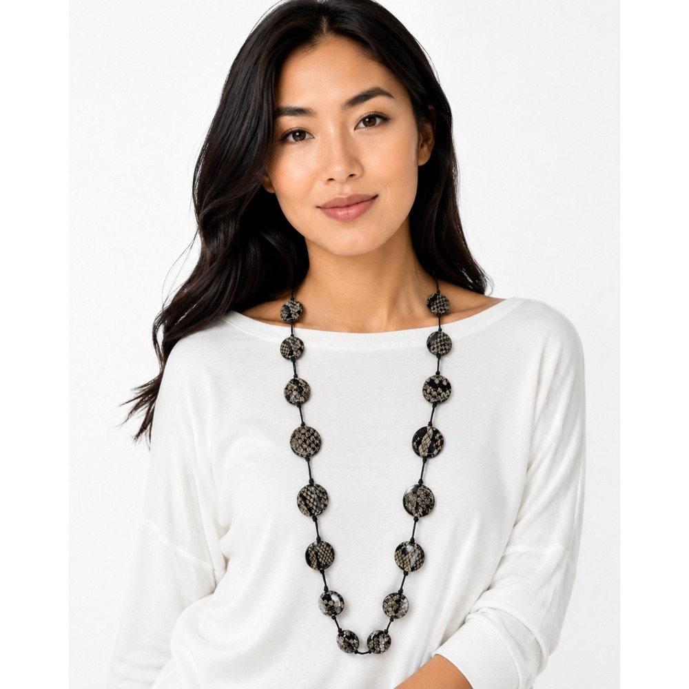Long Snakeskin Print Disc Station Necklace Neutral Animal Print Classic 103-169